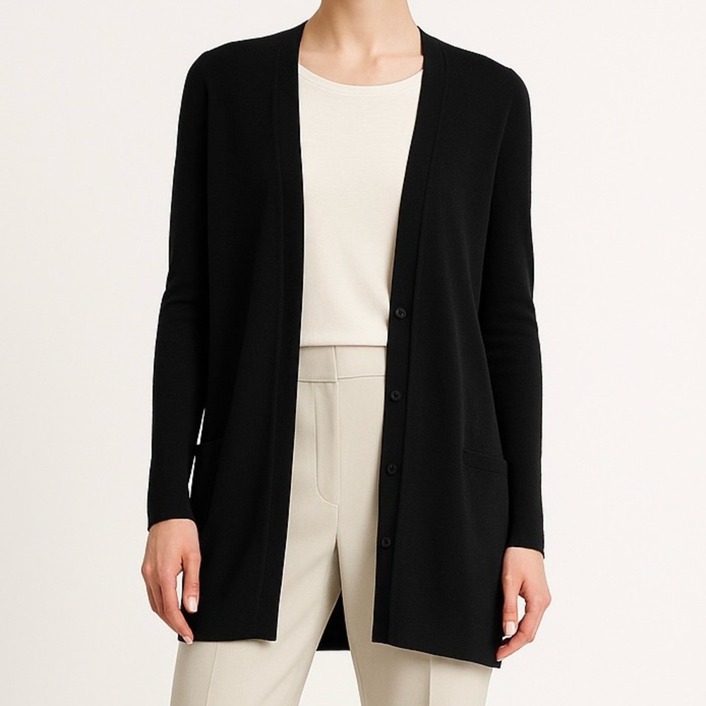 BURBERRY - 100% Wool - Black Longline Knit Button Up Cardigan Sweater Midi XS